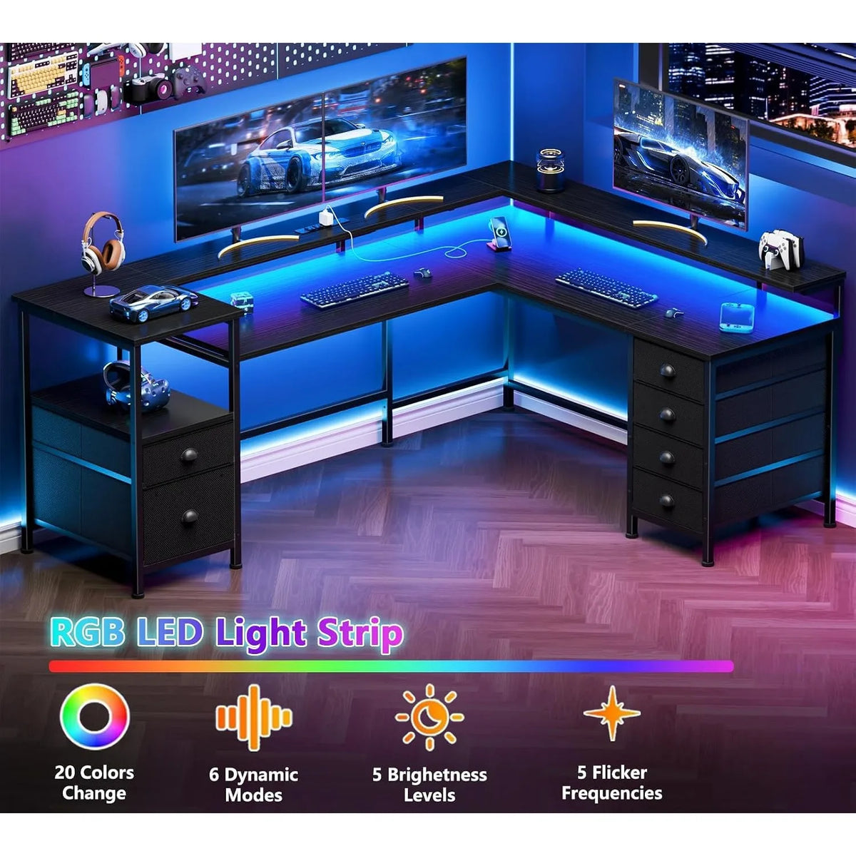 66" L‑Shaped Gaming Desk,6 Drawers & LED Lights & Power Outlets,Home Office Corner Workstation, Custom