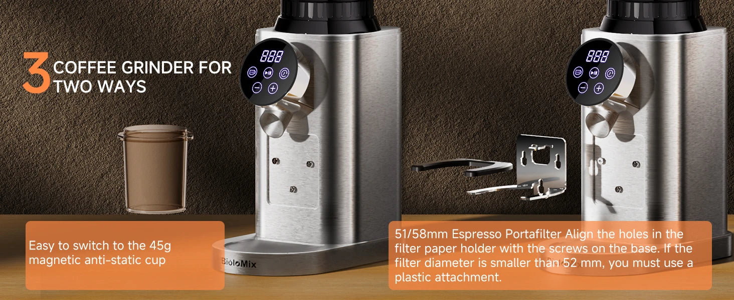 BioloMix Professional Conical Burr Grinder 48 Adjustable Settings with Removable Holder for Espresso Drip and French Press