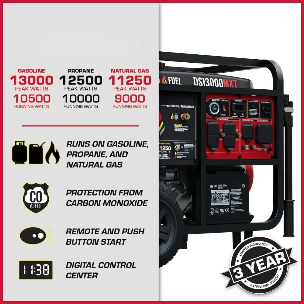 13000W Tri Fuel Portable Generator Gas Propane Natural Gas Electric Start Transfer Switch Ready for Home Backup RV 240 Volts