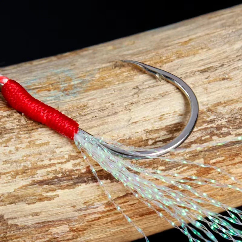 Cast Jig Assist Hook 10PCS/Lot High Carbon Steel Angle Barbed Thread Feather Lake Fishing Tackle Slow Jigging Sea Pesca Fishhook