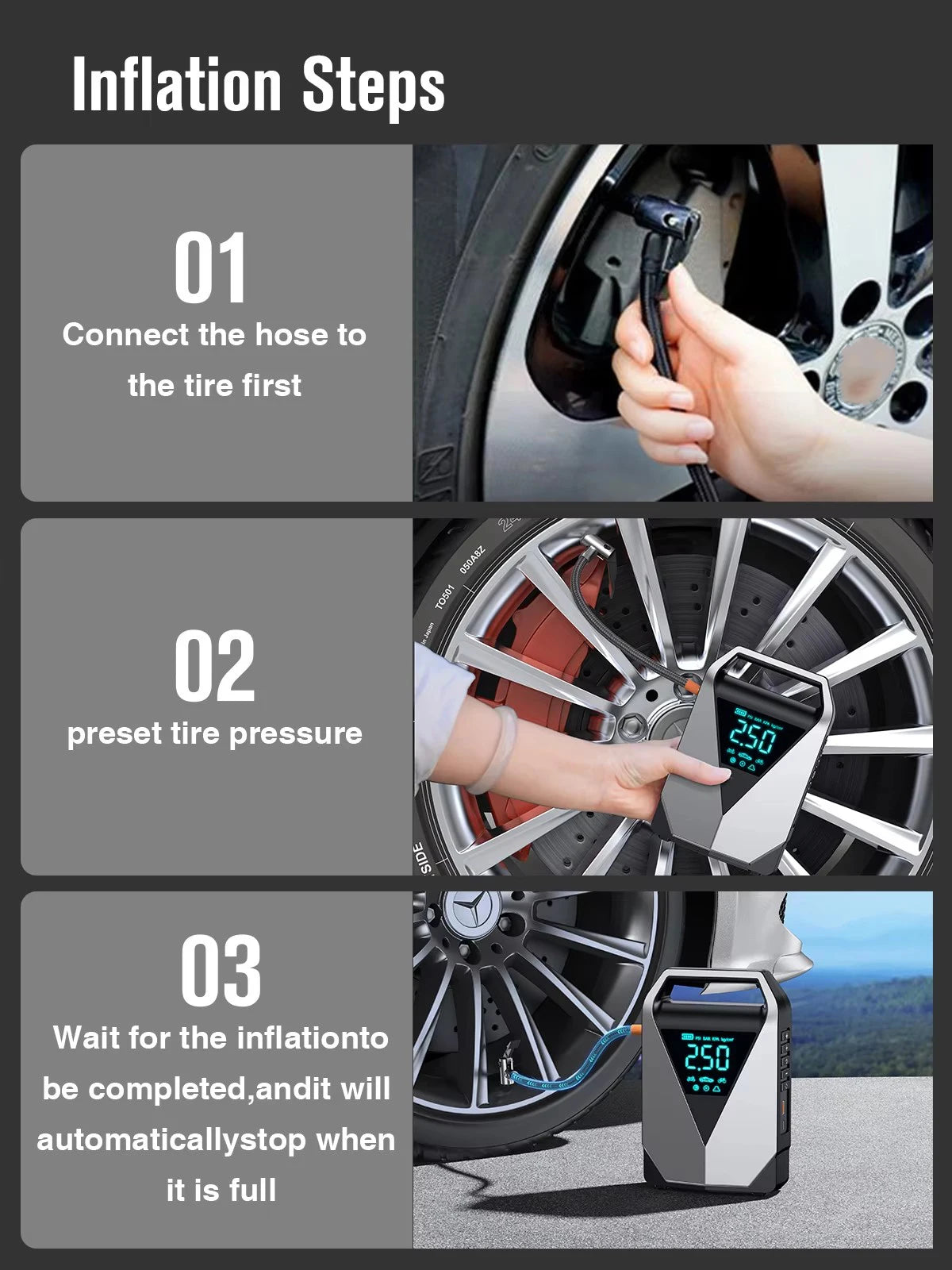 Be prepared on the road with this portable car jump starter and 150PSI air compressor—jump your battery and inflate tires anytime, anywhere!