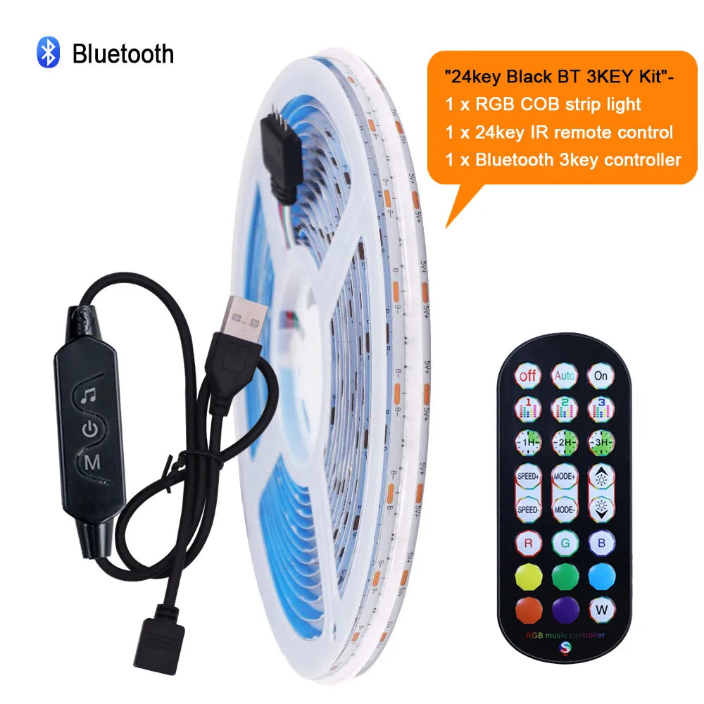 5V Wifi Bluetooth-compatible USB RGB COB LED Strip Light 24key 44key Remote Control Kit 576 LEDs Linear Lighting Flexible Tape