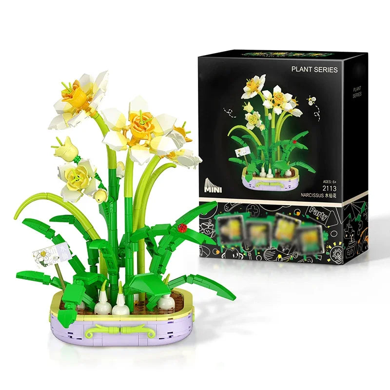 Knew Built Black Rose Flower Building Blocks 3D Model Bouquet Red Yellow Flower Brick Gift Home Decoration Children Toy with Box