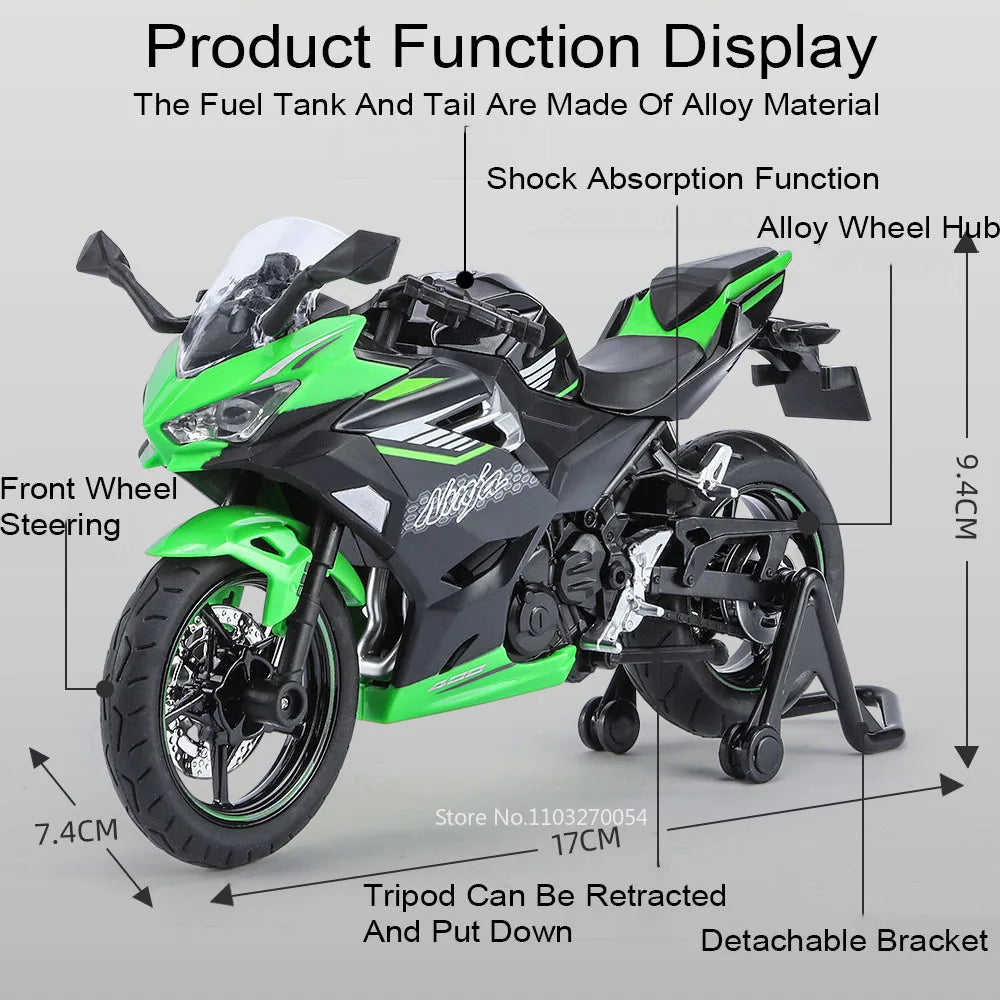 1:12 Kawasaki KX450 NINJA 400 Alloy Diecast Motorcycle Model Toys Car Front Wheel Linkage Shock Absorption Motorbike Child Gifts