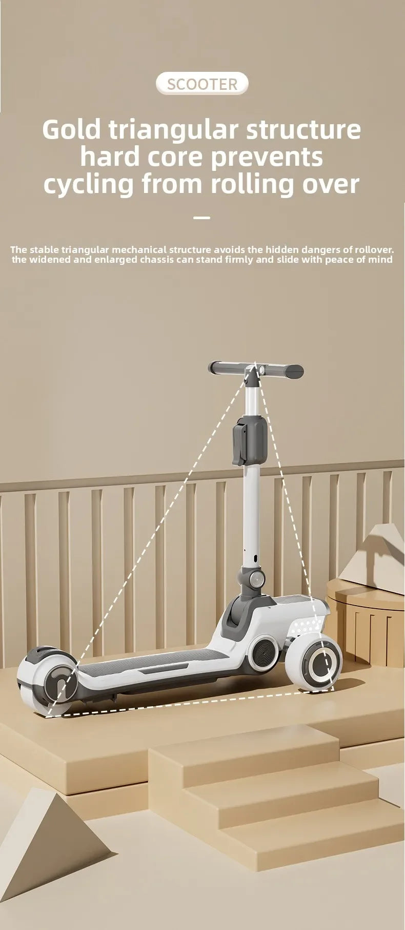 Rechargeable electric scooter for children, foldable and fun with widened design.