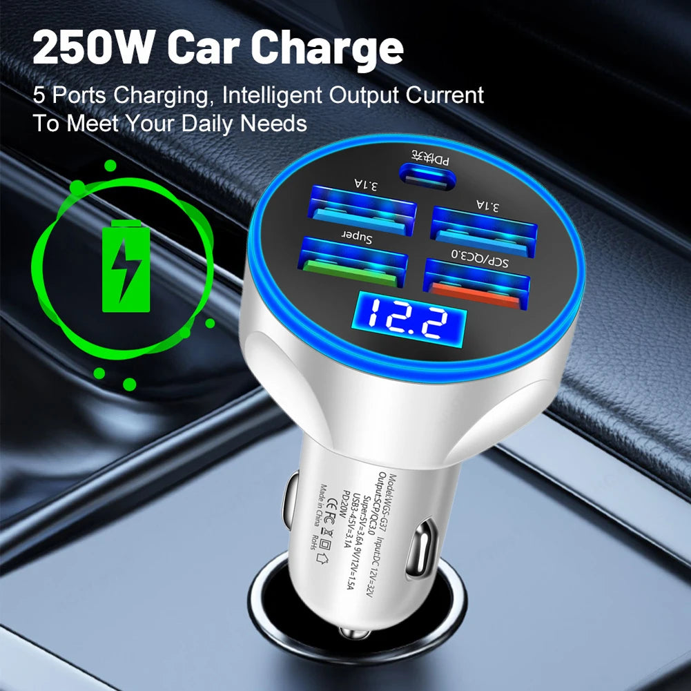 20W 5 Ports Car Charger Fast Charging PD QC3.0 USB Type C Super Charger Adapter in Car For iPhone Samsung for Huawei Xiaomi