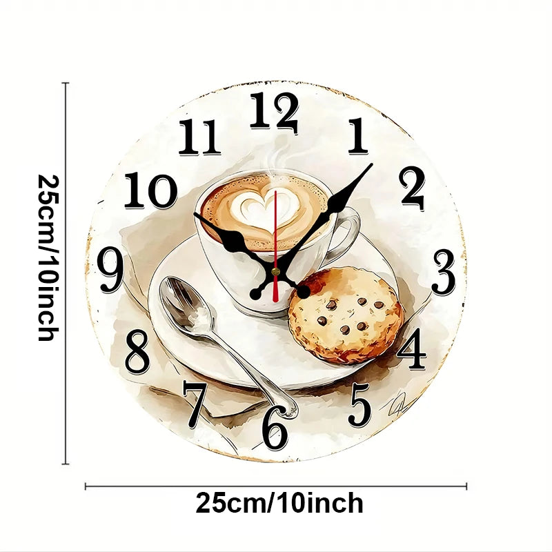 Coffee & Pastry Wooden Round Silent Hanging Wall Clock, Suitable For Living Room, Office, Study Room, Bedroom, Home Decoration