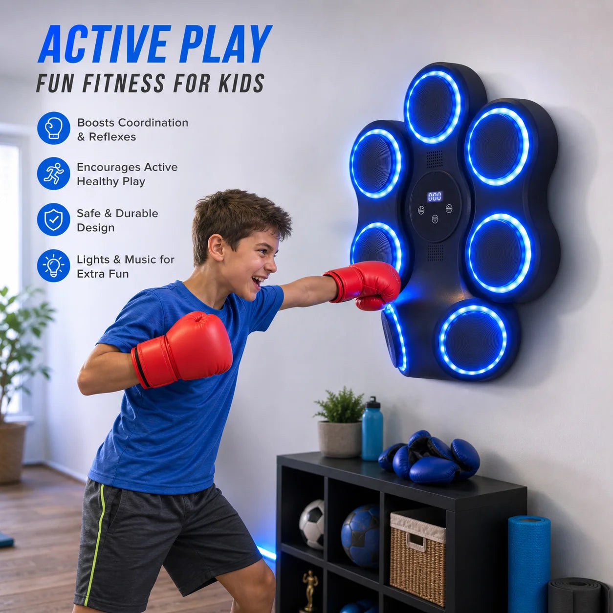 5W Interactive Punching Trainer, Wall Mounted Electronic Boxing Target with Lighting and Music, Smart Boxing Machine for Professional Boxers, Fitness People