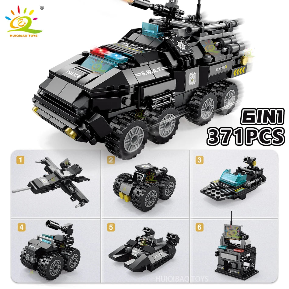 HUIQIBAO 371pcs 6in1 SWAT Police Truck Building Blocks City Construction Plane Car Bricks Set For Children Toys Kids Gift