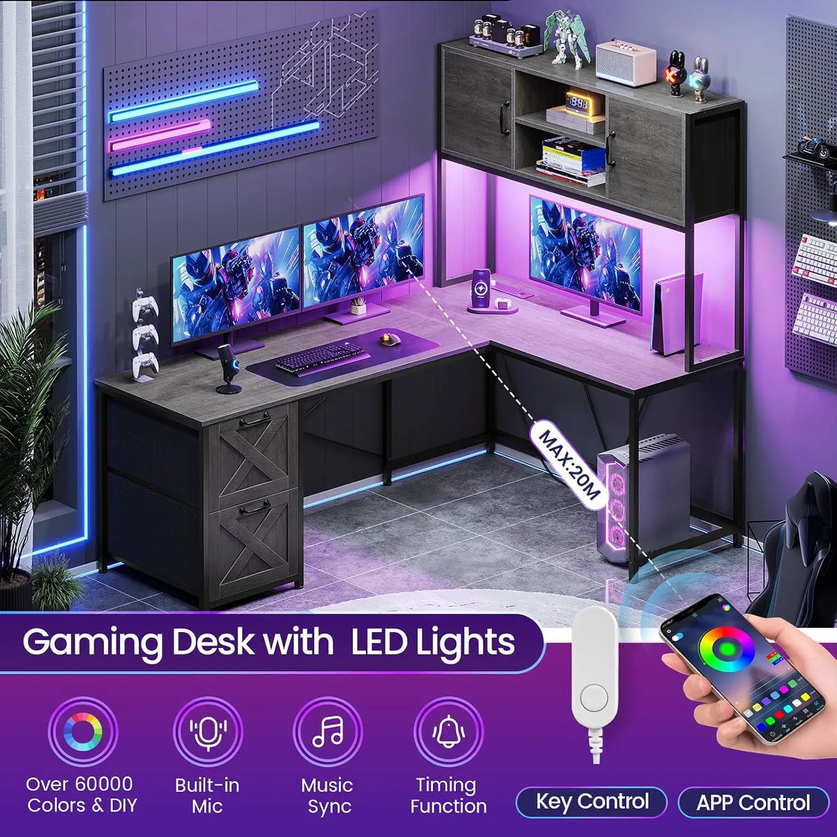 L Shaped Gaming Desk with Drawers LED Lights Power Outlet Hutch Storage Shelf Home Office Grey, Customized