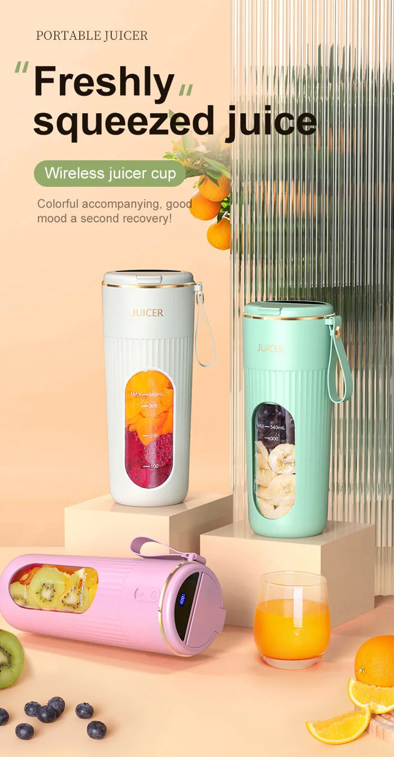 340ml Juicer Household Small Portable Fruit Juice Cup Rechargeable Lcd Display Electric Juicer 14 Blades Outdoor Travel