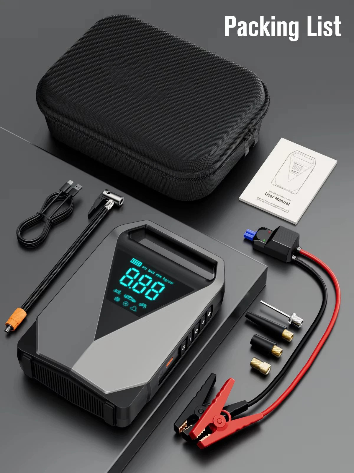 Be prepared on the road with this portable car jump starter and 150PSI air compressor—jump your battery and inflate tires anytime, anywhere!