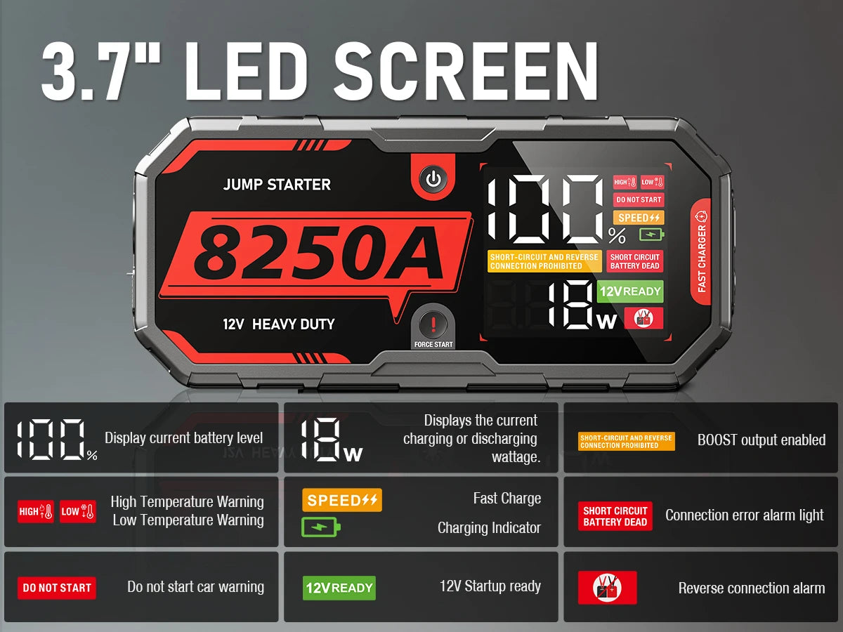 Jump-start big rigs and more with the powerful 8250A 12V Pro portable car battery booster—built to handle even the toughest jobs!