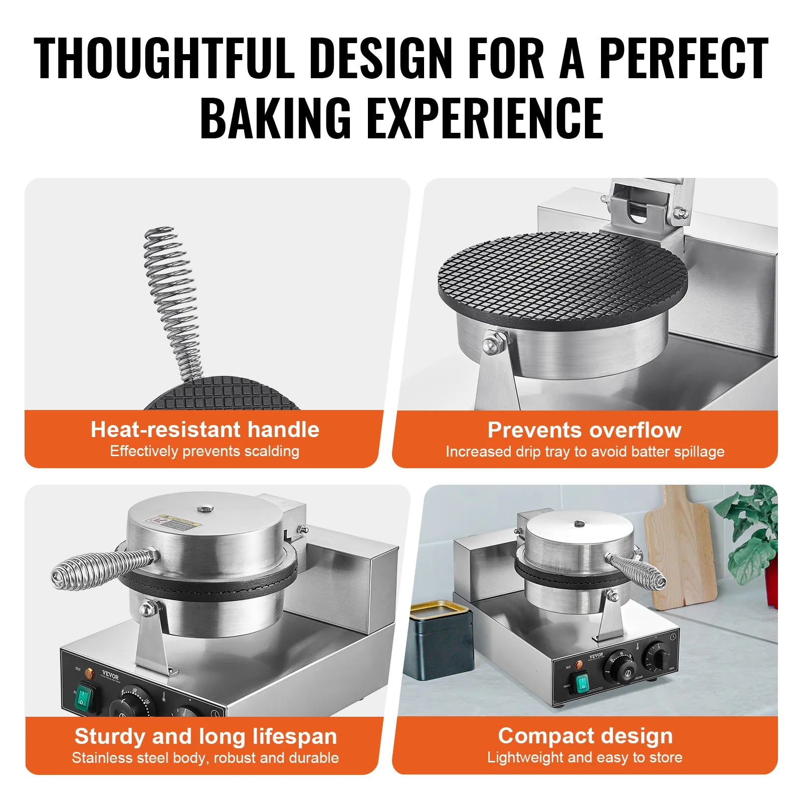 SucceBuy Electric Ice Cream Cone Maker Commercial Non-Stick Stainless Steel Egg Roll Mold with Temperature and Time Control