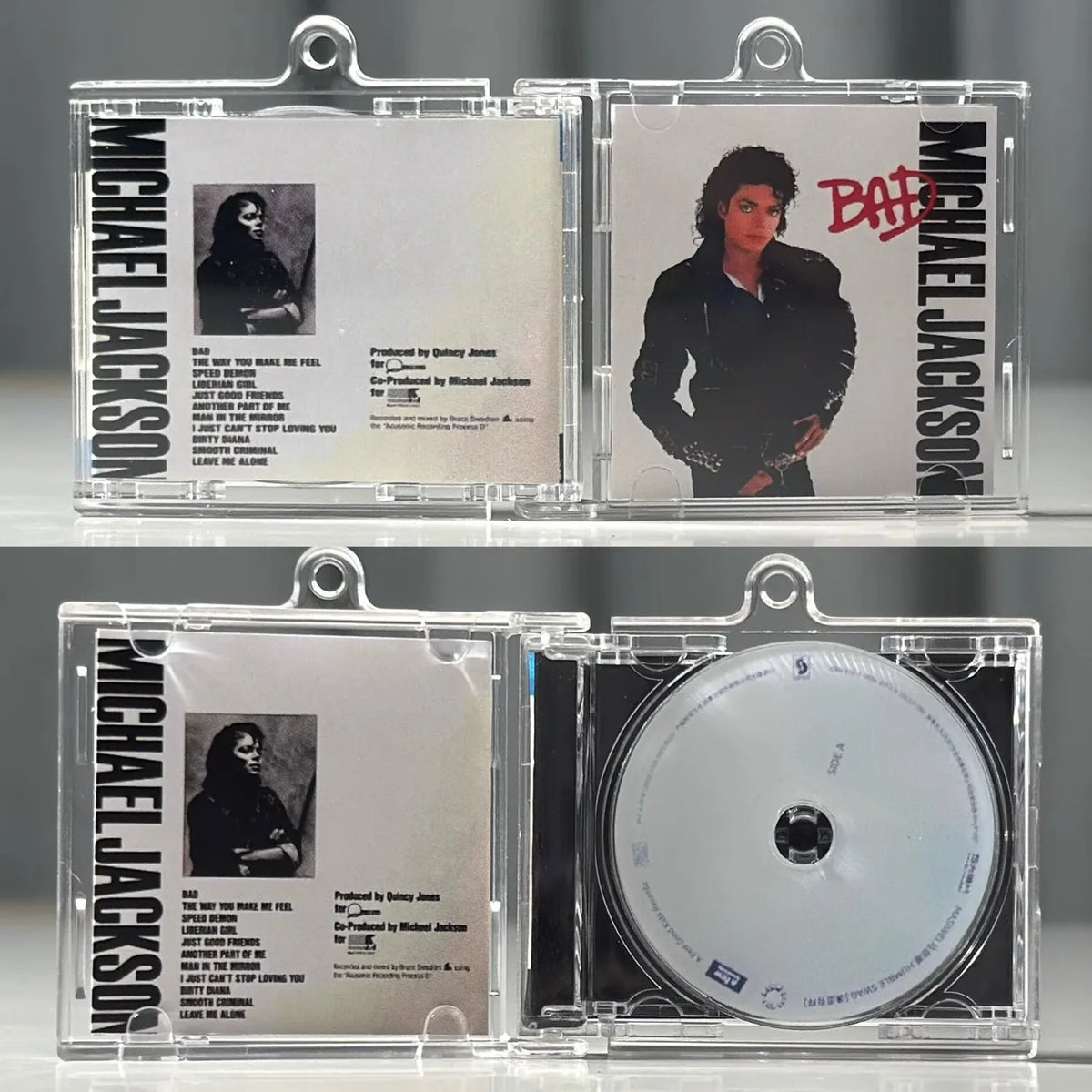 Classic Pop Michael Jackson MJ MINI Music CD NFC Keychain Play Song Thriller Album Bad Pendant Cosplay Key ring Acrylic Necklace