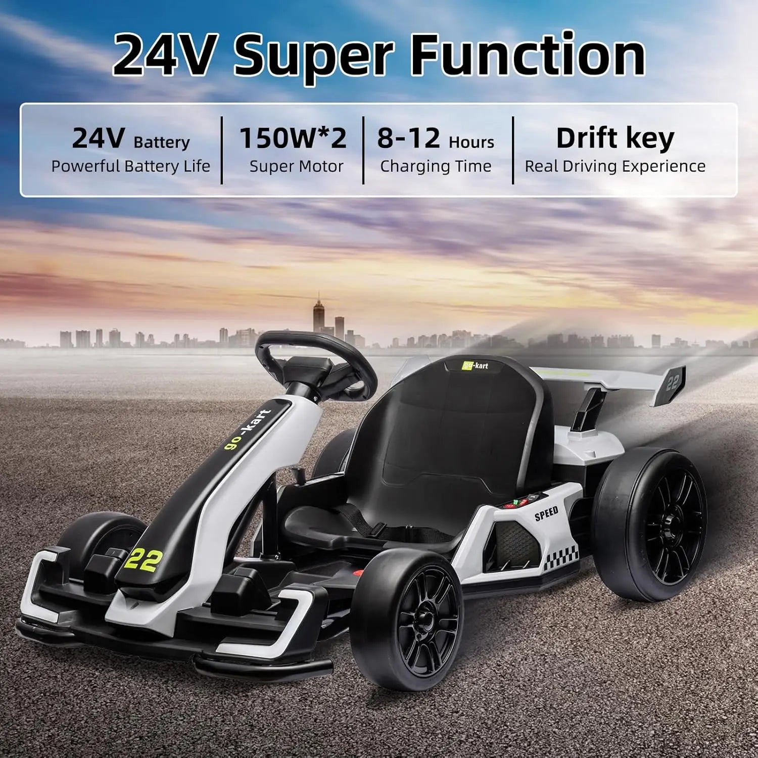 24V Electric Go Kart for Kids, 300W Dual Motor Drift Kart, 8.5 MPH, 2 Modes | Adjustable length,Slow Start Control,Brake pedal,Reinforced frame,EVA tires,LED lights