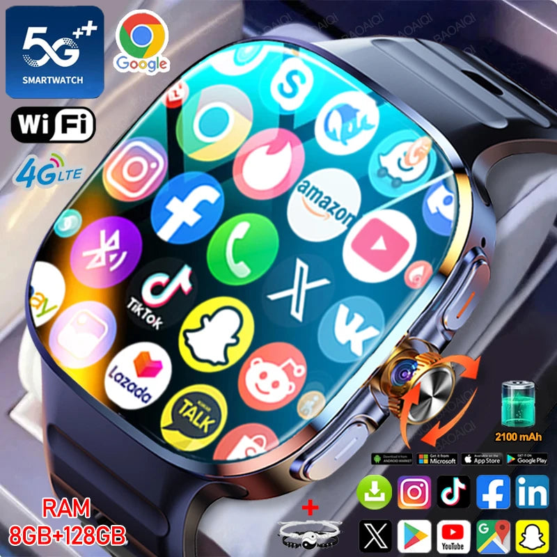 8GB+128GB RAM 4G/3G Smart Watch 2.40 inch AMOLED 2100mah Battery 900W Camera GPS WIFI Google APPS Download Smartwatch Android 10