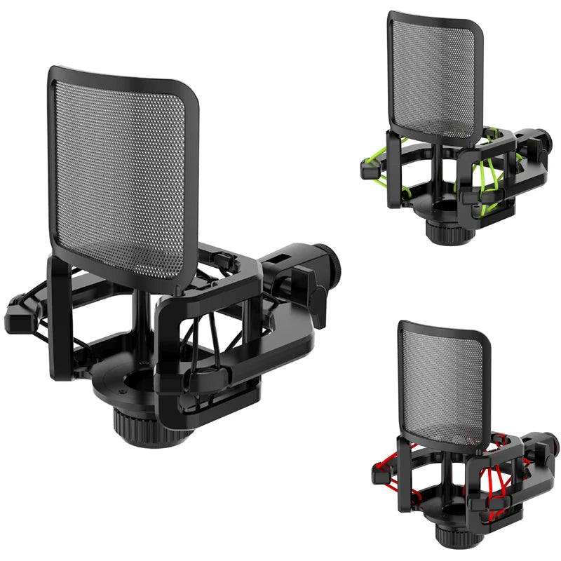 Improve your audio quality with this microphone shock mount featuring a filter and windscreen. It reduces noise and vibrations for stable, clear sound—perfect for professional recordings!