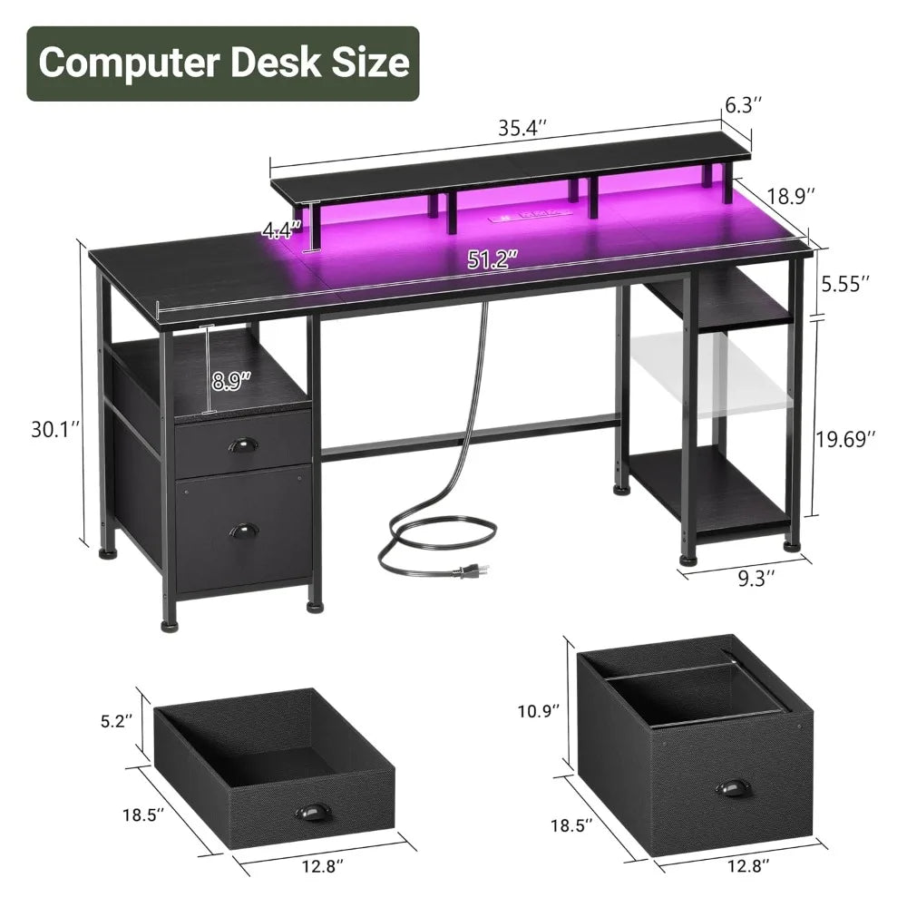 51" Gaming Desk with Power Outlets & LED Lights, Reversible Computer Desk with File Cabinet & Monitor Stand for, Customized