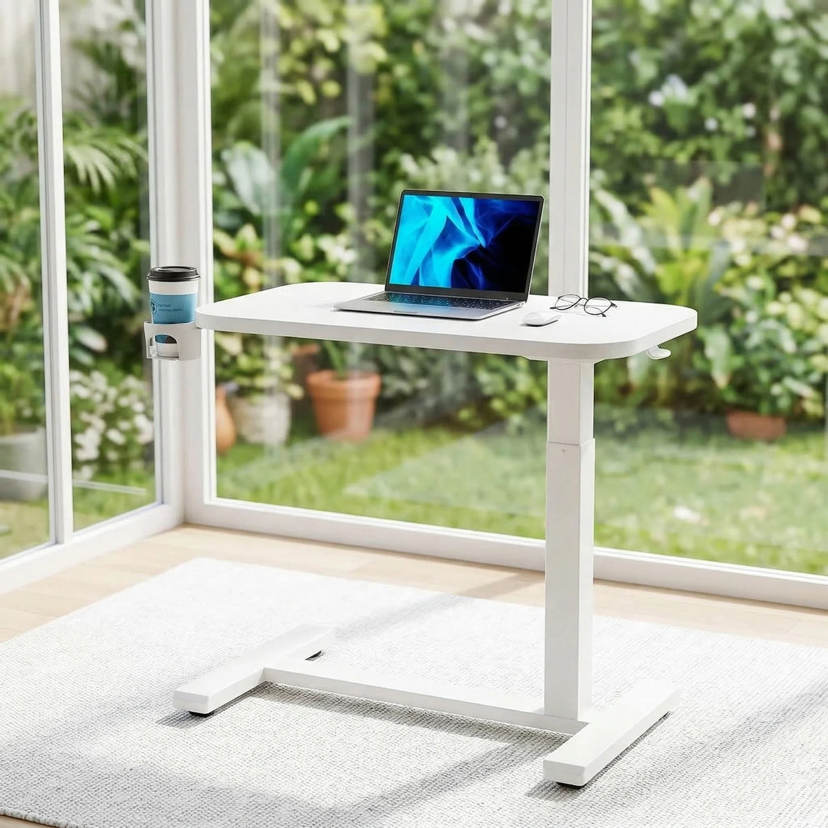 28/32Inch Bedside Table with Wheels, Height-Adjustable Rolling Computer Cart, Overbed Table with Cup Holder, Pneumatic Laptop Standing Desk for Home Office