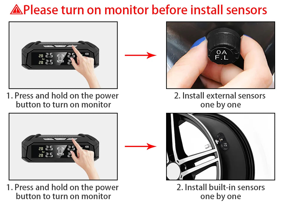 E-ACE Car TPMS Sensor 8 Bar Smart System For Car Truck With Car Electronic Clock Auto Intelligent System Solar Power LCD Display