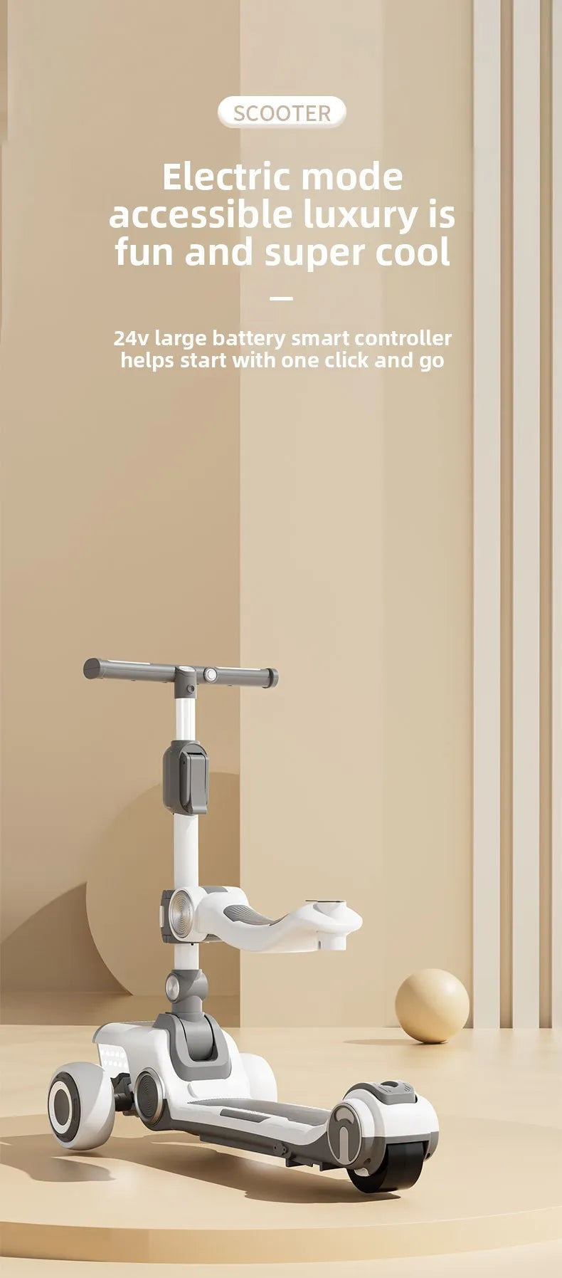 Rechargeable electric scooter for children, foldable and fun with widened design.