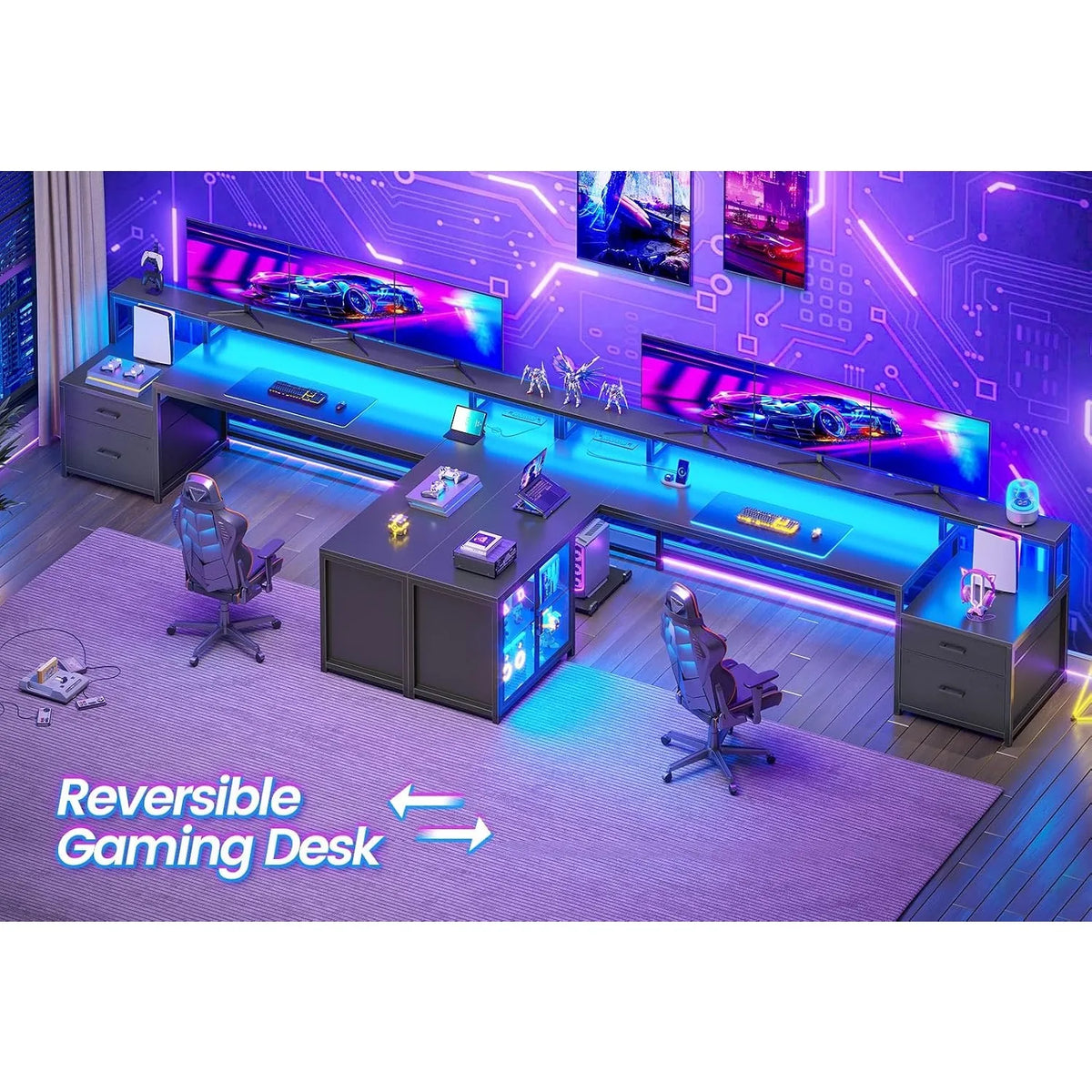 78.7" Large L Shaped Corner Gaming Computer Desk,Drawers,Power Outlet & LED Lights, Customized