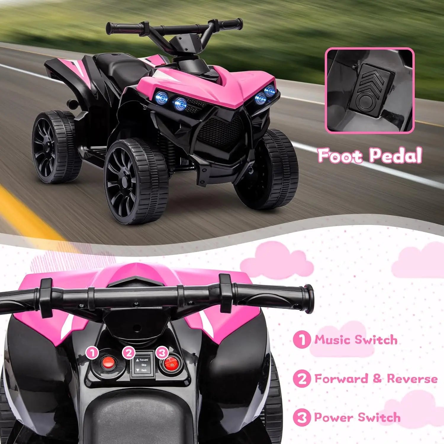 6V Battery Powered Kids Electric ATV, Ride On Toys 4-Wheeler Quad for Boys and Girls, 1.8MPH Max Speed, Treaded Tires,Rubber Handles, Push-Button Accelerator