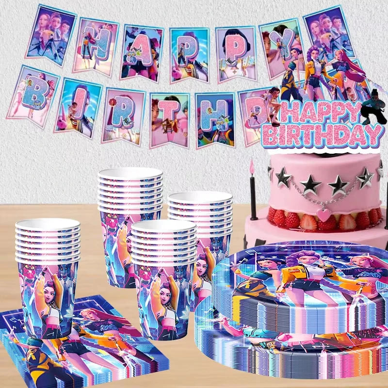 Happy Birthday Party Decoration Character Anime Tableware Plate Cup Balloon Set Banner Backdrop Gift Bag Keychain Party Supplies