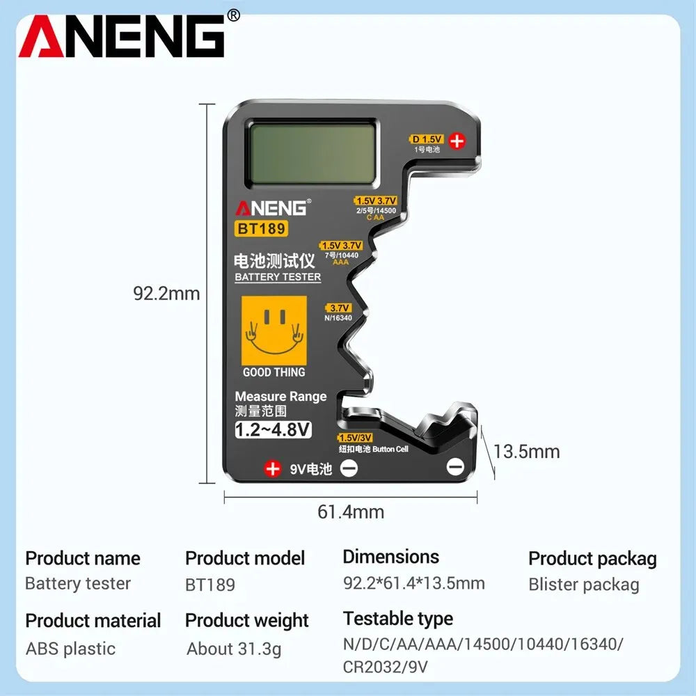 Quickly check your batteries with this universal button cell battery tester—compatible with 9V, N, D, C, AA, and AAA sizes, featuring an easy-to-read LCD display!