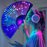 One Pack Large Carnival Folding Fan Fan Craft Fan with Energetic Neon Mushroom Pattern Can Be Used for Both Men and Women