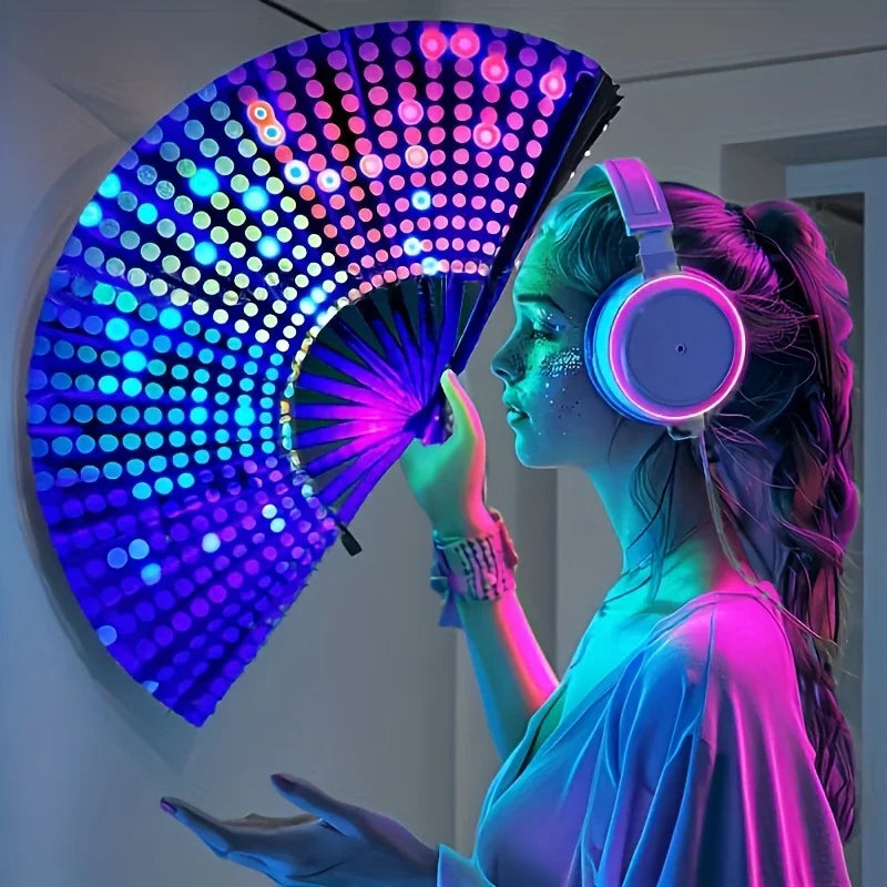 One Pack Large Carnival Folding Fan Fan Craft Fan with Energetic Neon Mushroom Pattern Can Be Used for Both Men and Women