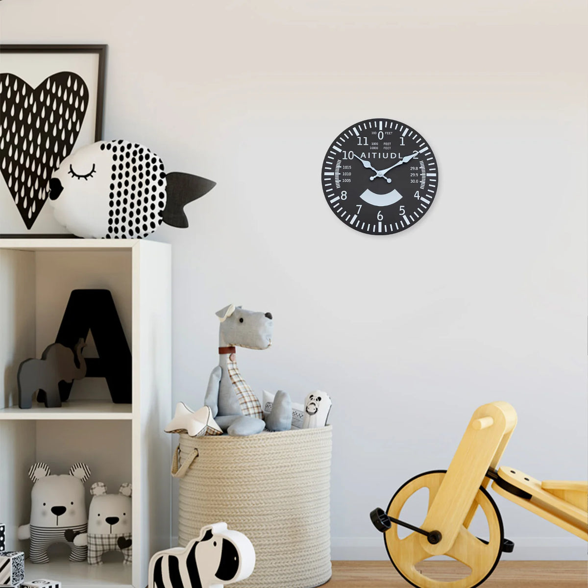 Creative Airplane Altitude Indicator Pattern Wooden Wall Clock for Living Room, Bedroom, Kitchen, Home Decoration, Silent Quartz Clock, Holiday Gift, 10 Inches, 12 Inches 14inch 16inch (No Battery)