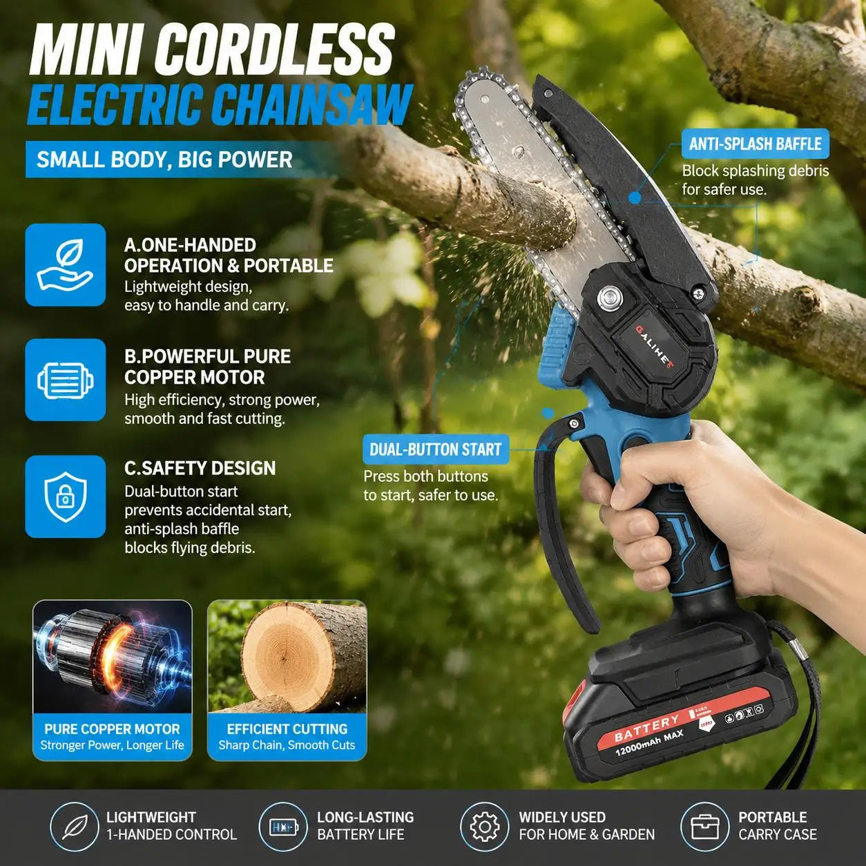 Cordless Rechargeable Electric Chainsaw 4 6 Inch Mini Handheld Pruning Saw Wireless Wood Cutting Tool for Garden Tree Branch Trimming Backyard Wood Logging Power Tools Kit with Battery Charger Portable Lightweight