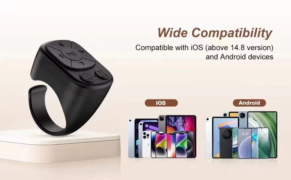 Scroll, snap, and control with ease using this TikTok scrolling ring! Compatible with iPhone, iPad, and Android devices via Bluetooth. Features remote page turning, camera shutter, short video, and music controls—all from your finger!