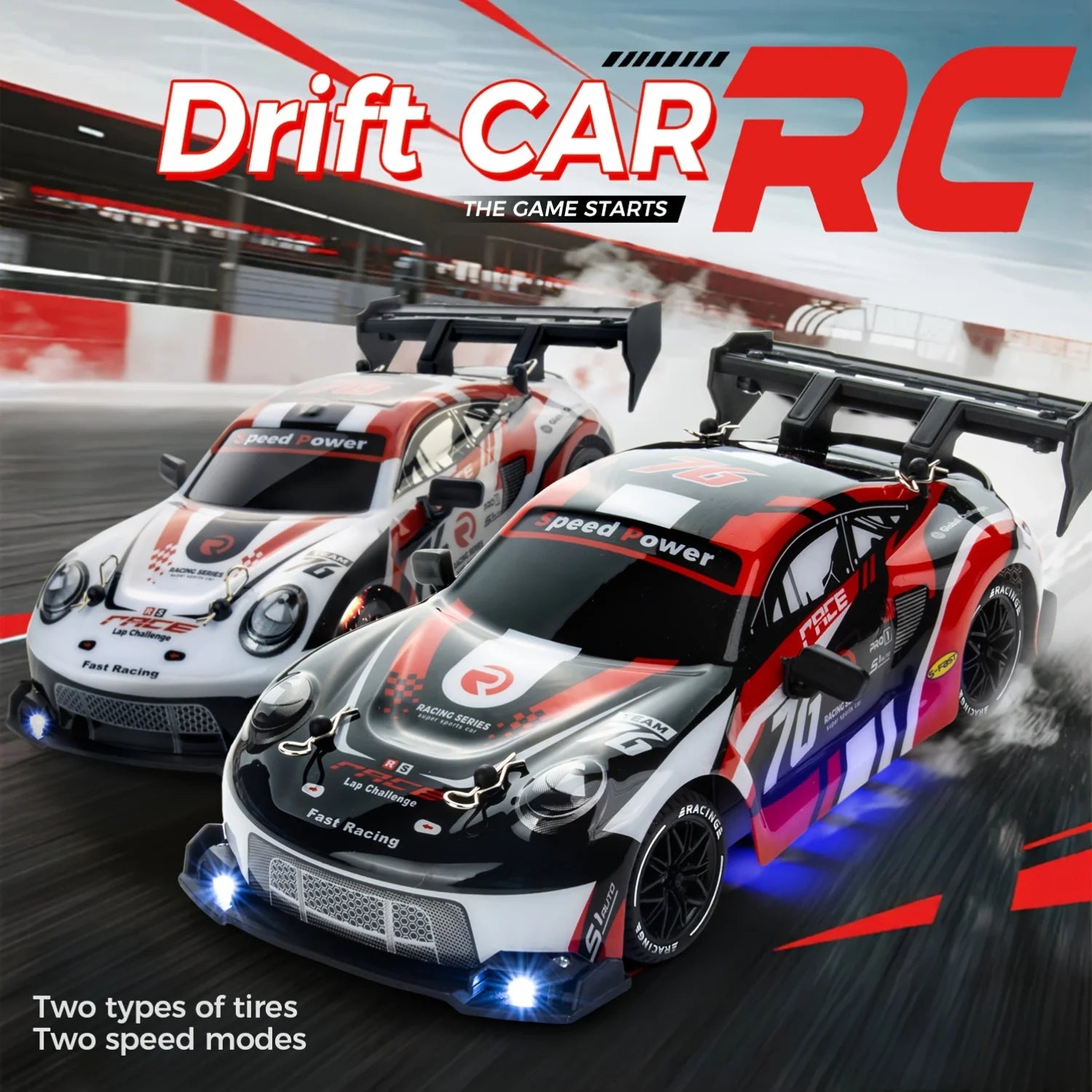 1:24 RC Drift Car, 2.4GHz High Speed 4WD Remote Control Racing Vehicle, LED Lights Electric Toy for Kids Boys Adults