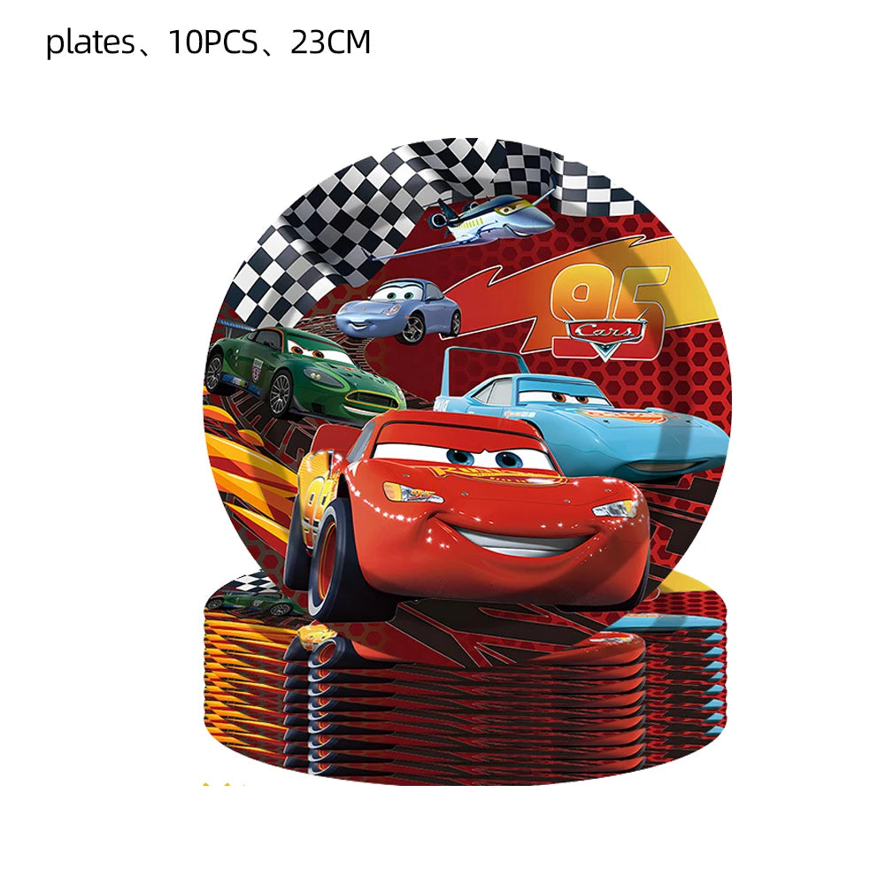 Cars Theme Birthday Party Decoration Tableware Banner Tablecloth Gift Bag Paper Plates Party Favors Toy Set Stamps Bracelets