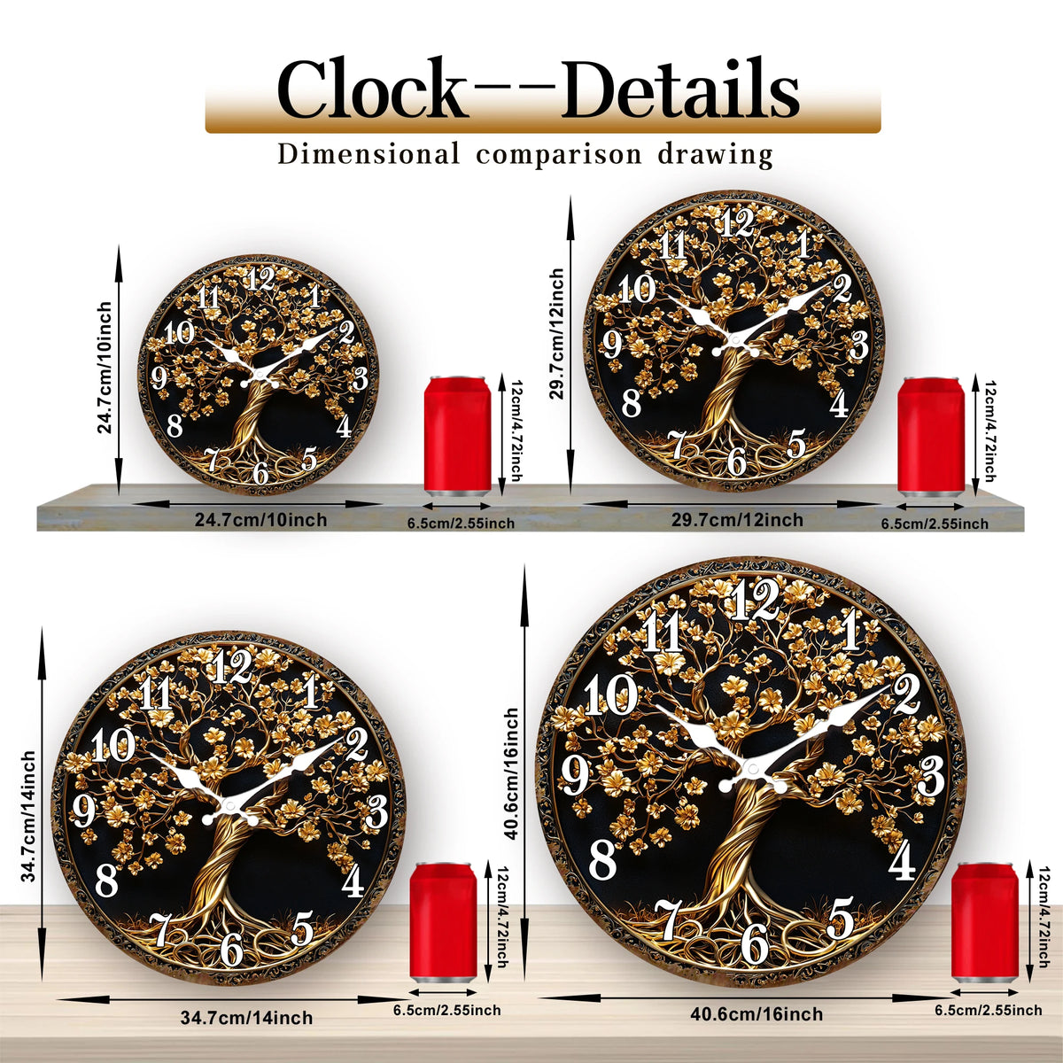 Golden Tree of Life with Intricate Details Wall Clock, Luxury Ornate Design Round Decorative Clock, Elegant Home Decor Timepiece