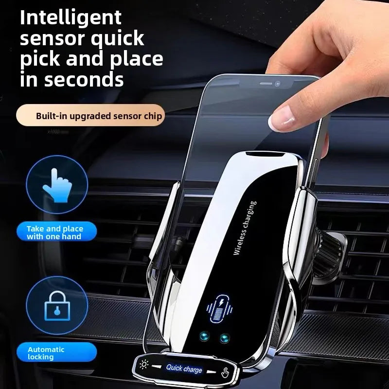 Keep your phone powered and secure on the road with this wireless car charger and mobile phone holder—all-in-one convenience!