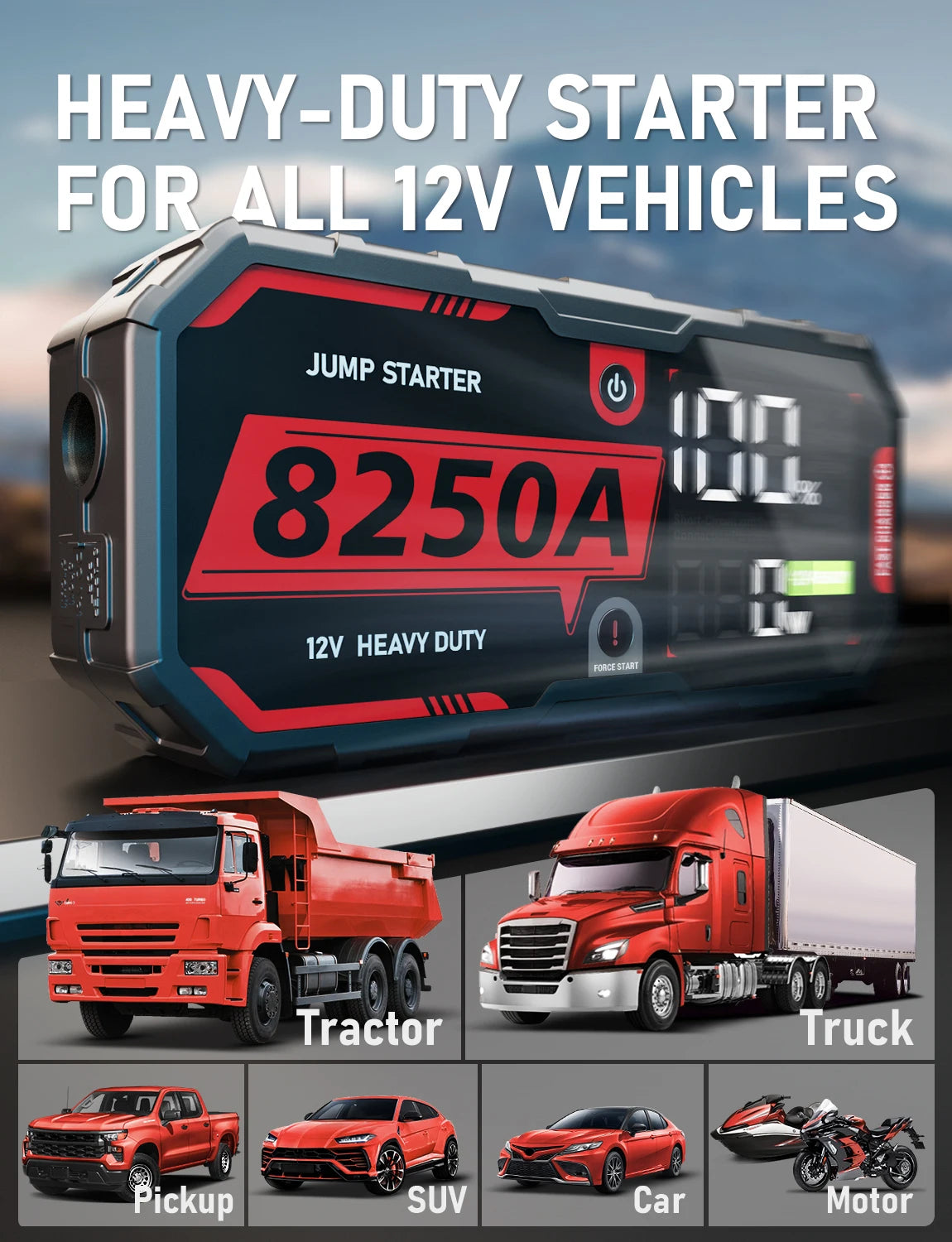 Jump-start big rigs and more with the powerful 8250A 12V Pro portable car battery booster—built to handle even the toughest jobs!