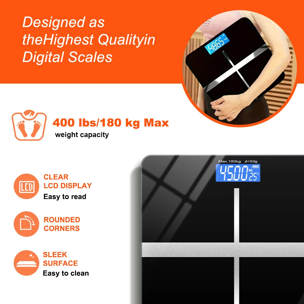 ZNLYRION Digital Bathroom Scale 180kg 396lb Electronic Body Weight Scale with LCD Display Tempered Glass Platform High Precision Sensor Household Personal Health Scale for Bathroom Gym