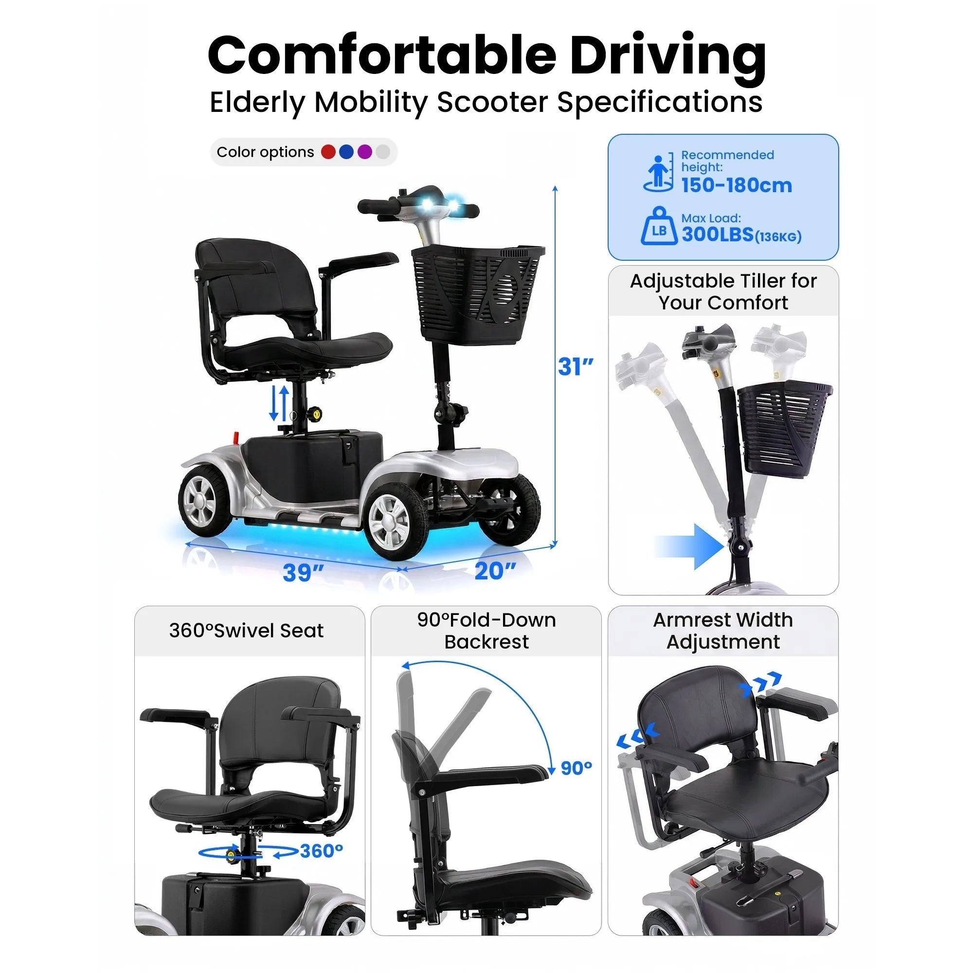 Foldable 4-Wheel Mobility Scooter for Seniors, 200W, 15.5 Mile Range, Lightweight Portable Travel Scooter with 9-Inch Tires and Storage Basket