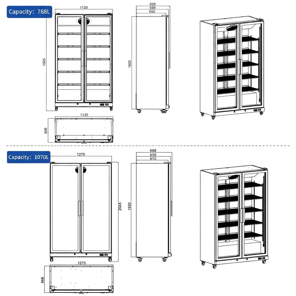 Yeego Display Beverage Refrigerator 768/1070L  27.12/37.79 Cu.ft Double-door large capacity vertical refrigerated beverage cooler For medium/large supermarkets/stores
