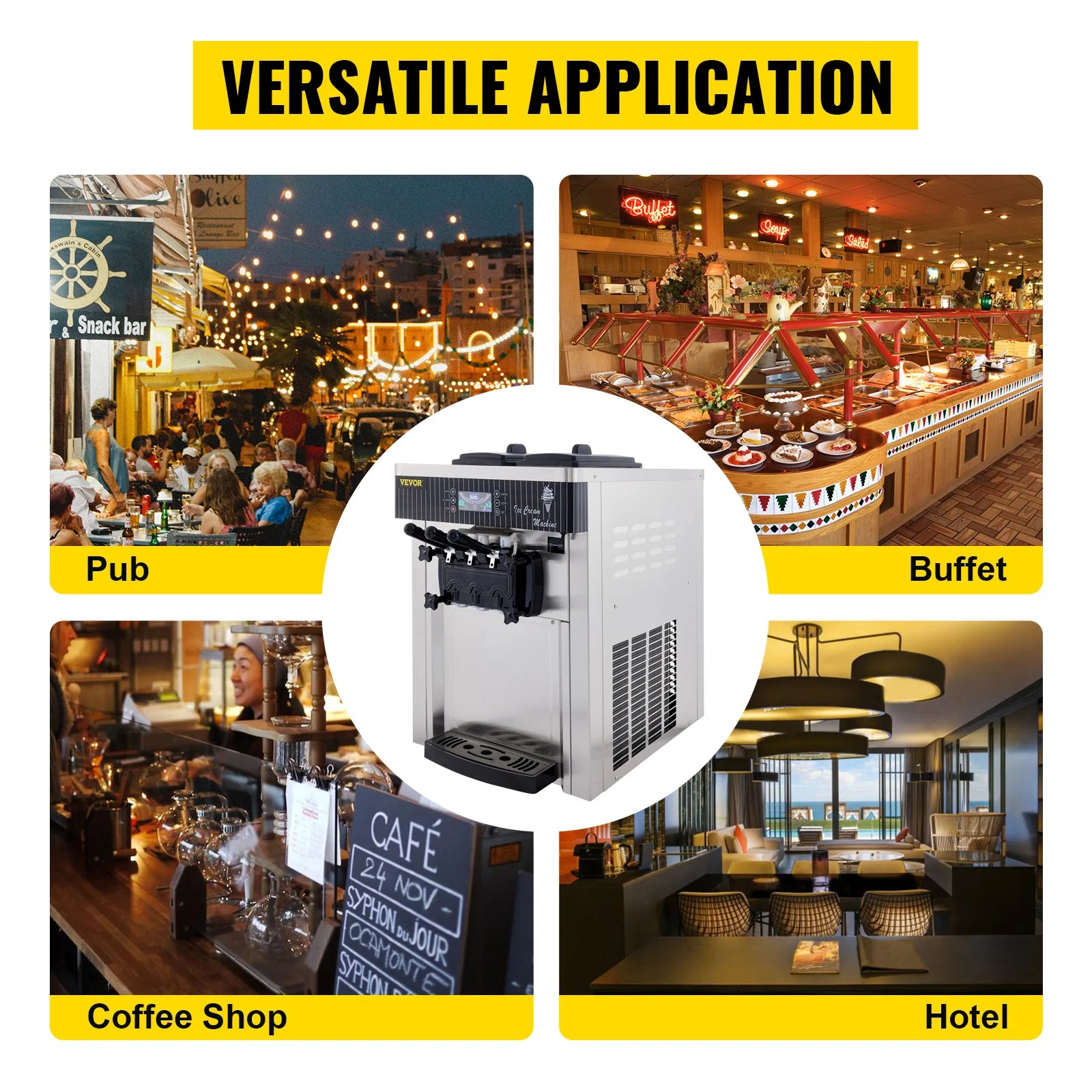 Sihao 2200W Ice Cream Machine 5.3-7.4Gal/H Soft Serve with LED Display Auto Clean 3 Flavors Sweet Cone Freezing Equipment