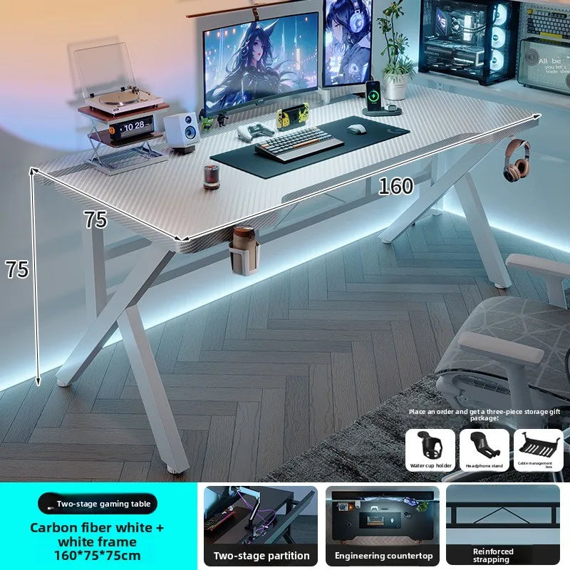 Two-Section Split Solid Wood Computer Gaming Desk  | Ergonomic Home Office Workstation Furniture in Carbon Fiber Style