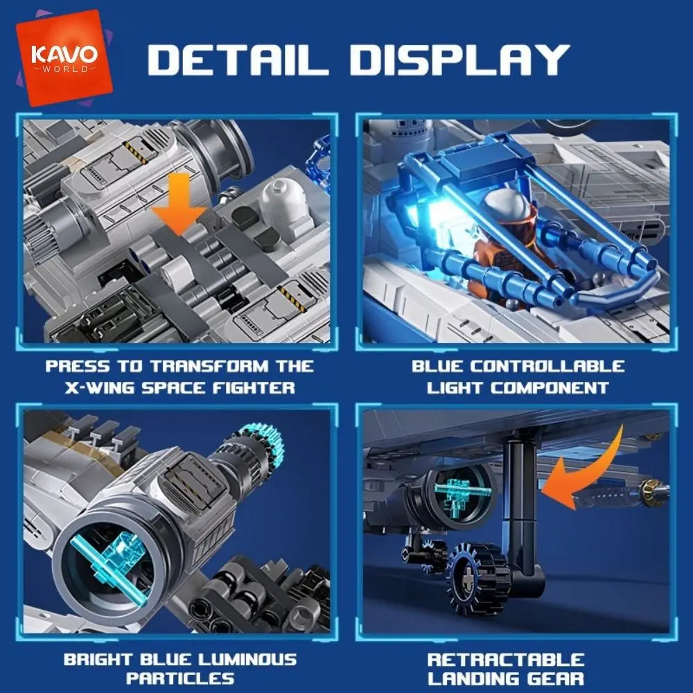KAVOWORLD 1271pcs X-Wing Space Fighter Building Blocks Set with LED Light Up Mechanical Linkage Transformable Starship Bricks Retractable Landing Gear Display Model Construction Toy Space Vehicle with Pilot Bricks Gift for Ad