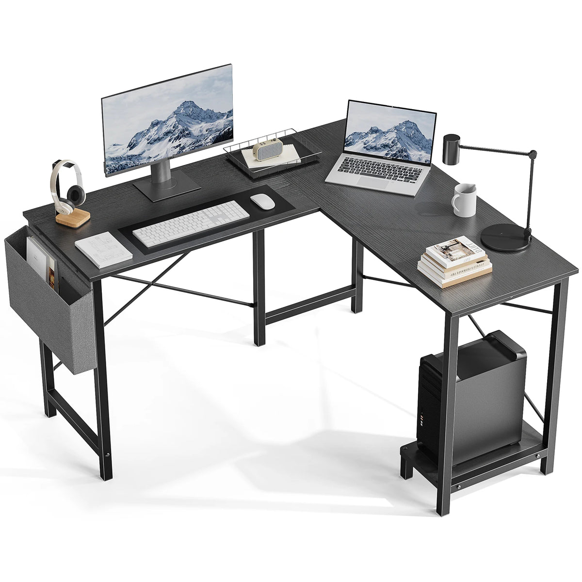 JHK Gaming Corner 50 Inch Office Writing PC Wooden Table with CPU Storage Shelf & Side Bag for Home Office Bedroom Small Space