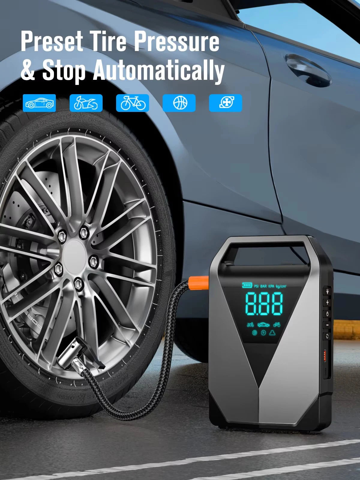 Be prepared on the road with this portable car jump starter and 150PSI air compressor—jump your battery and inflate tires anytime, anywhere!