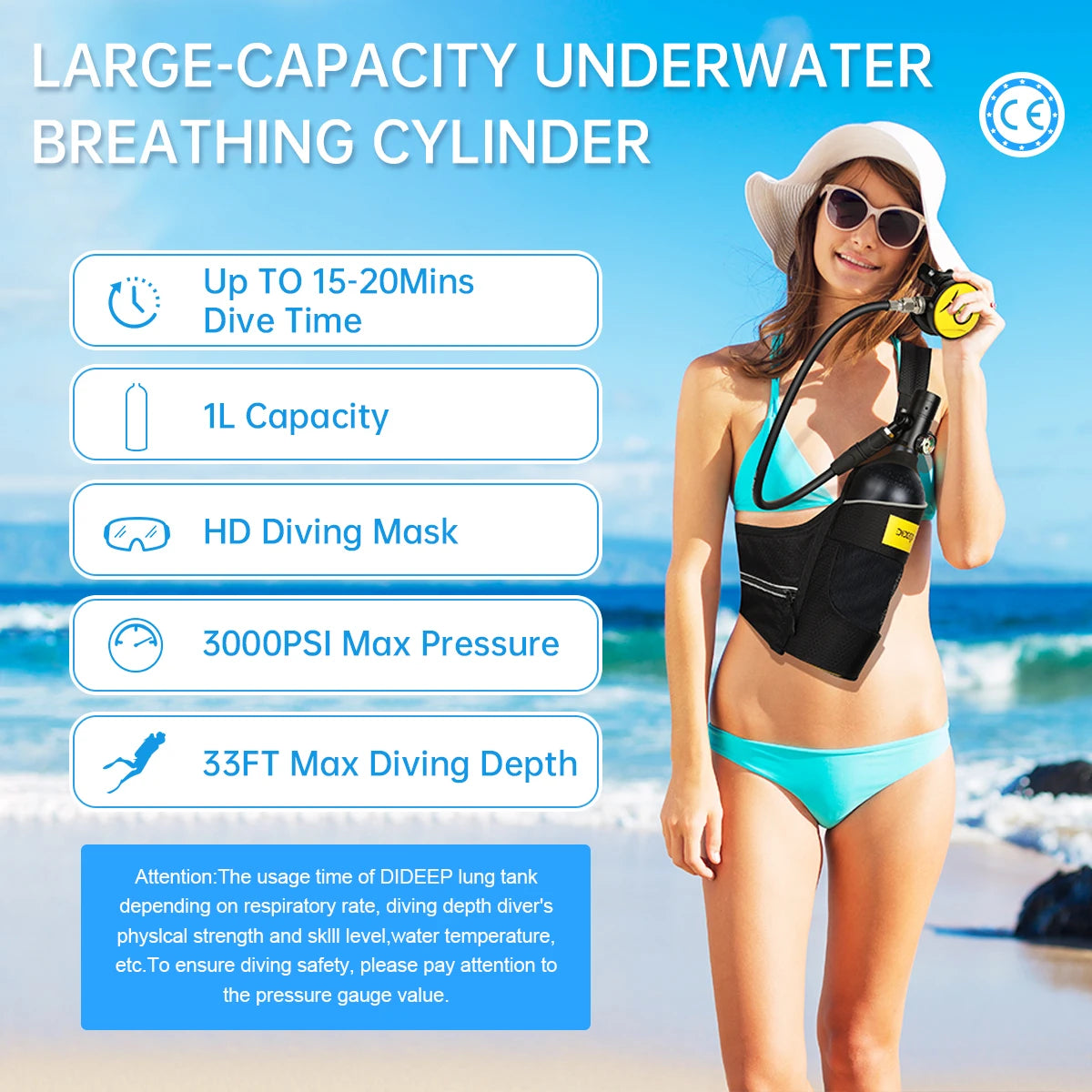 DIDEEP 1L Mini Scuba Diving Tank Set, 15-20Mins Underwater Diving Cylinder with Hand Pump，Portable Lungs Bottle with 3000 PSI