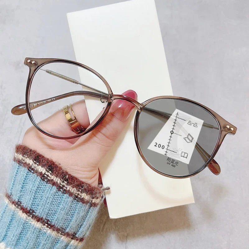 Smart Photochromic Reading Glasses Unisex Round Progressive Multifocal Presbyopia Eyeglasses Finished Near Far Bifocal Eyewear